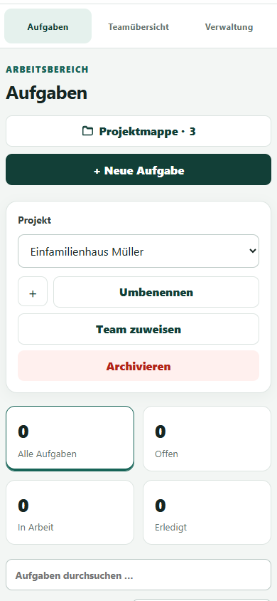 Mobile Projektansicht mit Projektmappe, Projektauswahl und Verwaltungsaktionen