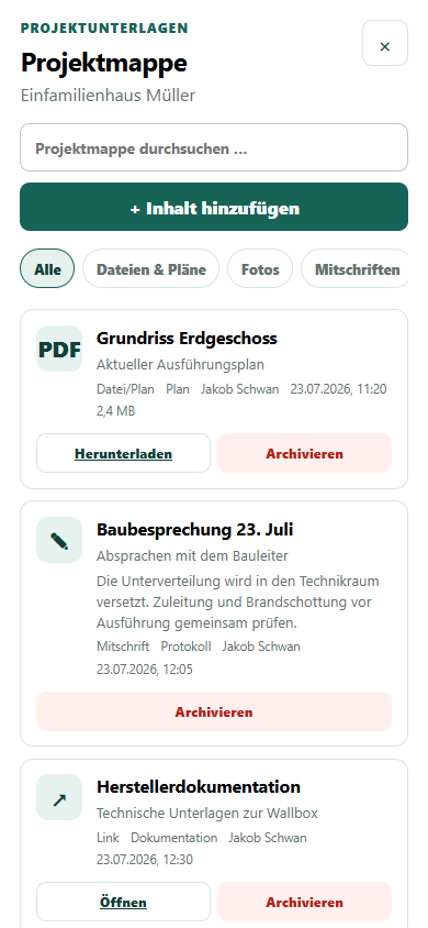 Mobile Projektmappe mit Suche, Filtern und Projektinhalten